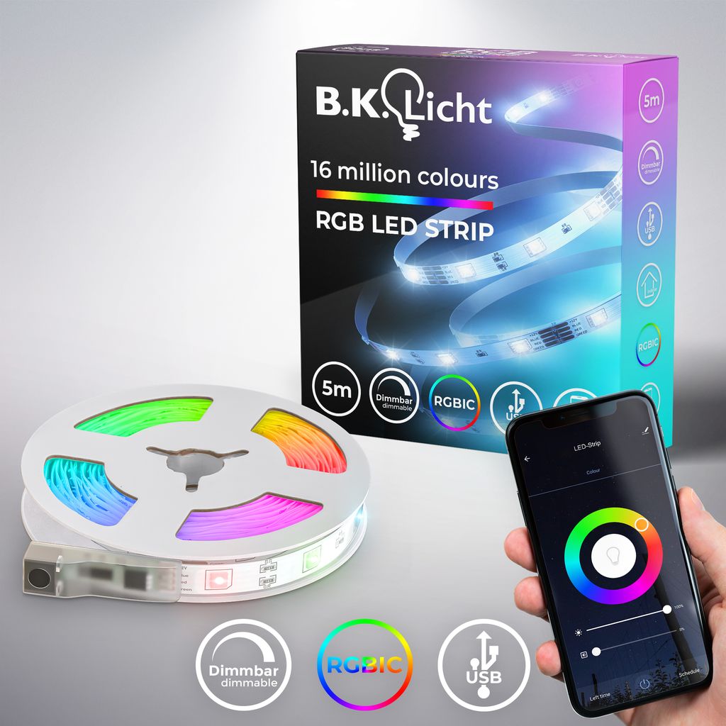 B.K.Licht I Wifi RGBIC LED Strip 5 m USB I App Control I Music Sensor I Light Bar I LED Chaser I RGBIC LED Strip I Compatible with Alexa I Smart LED Band I Self-Adhesive