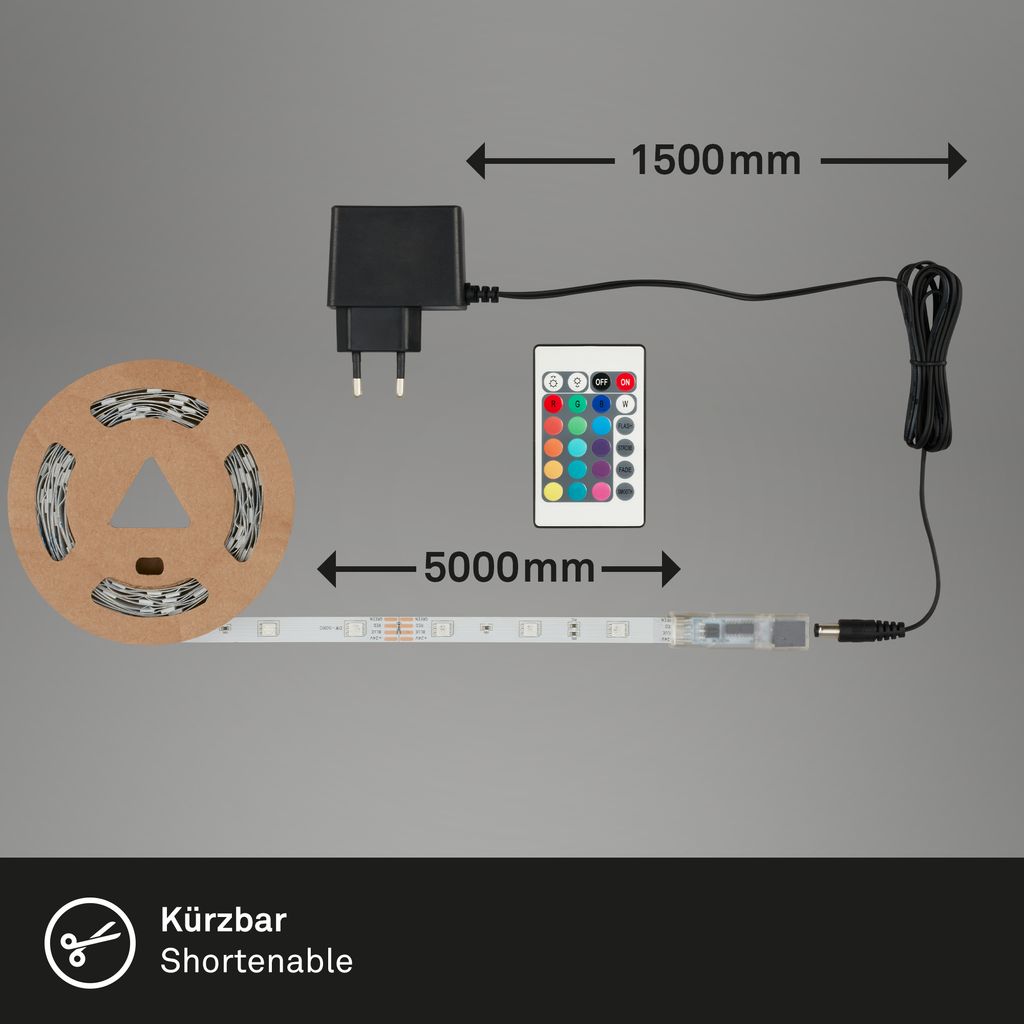 Briloner LED Strip 5m, Télécommande, Modes de couleurs RGB, Variable, Blanc