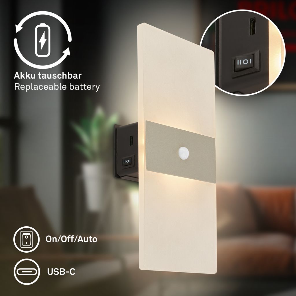 Aura Wandleuchte - 2,5W, 100lm, Akku, LED, mit Bewegungsmelder, Nickel-Matt