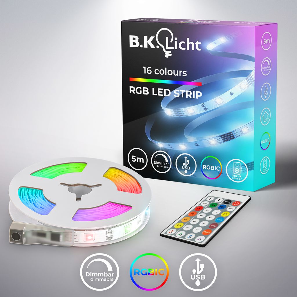 B.K.Licht I USB RGBIC LED Stripe 5 m I Music Sensor I Music Sync I Light Strip I LED Chaser I Strip with Colour Change Remote Control I Light Strip Self-Adhesive