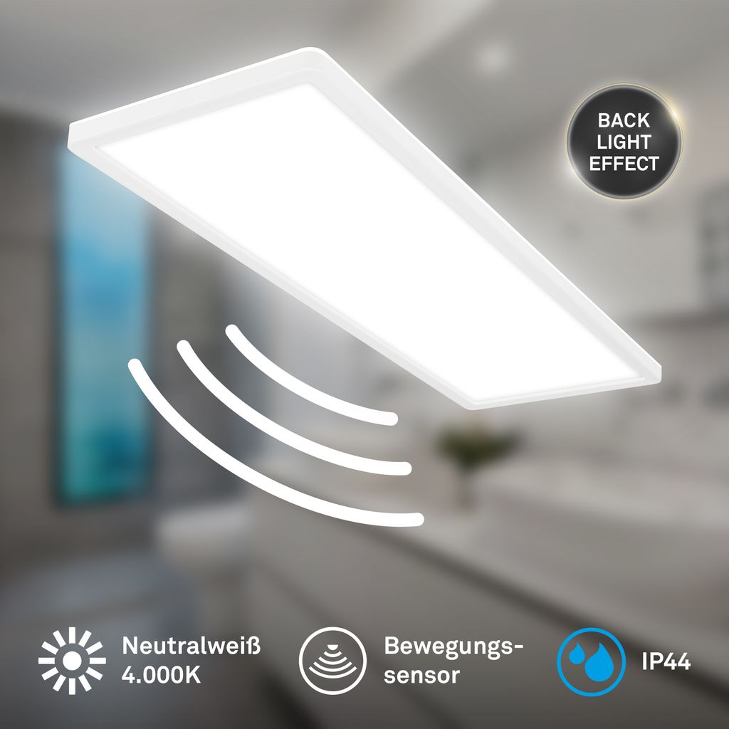 Briloner Move LED Plafonnier IP44, rétroéclairage, détecteur de mouvement, blanc