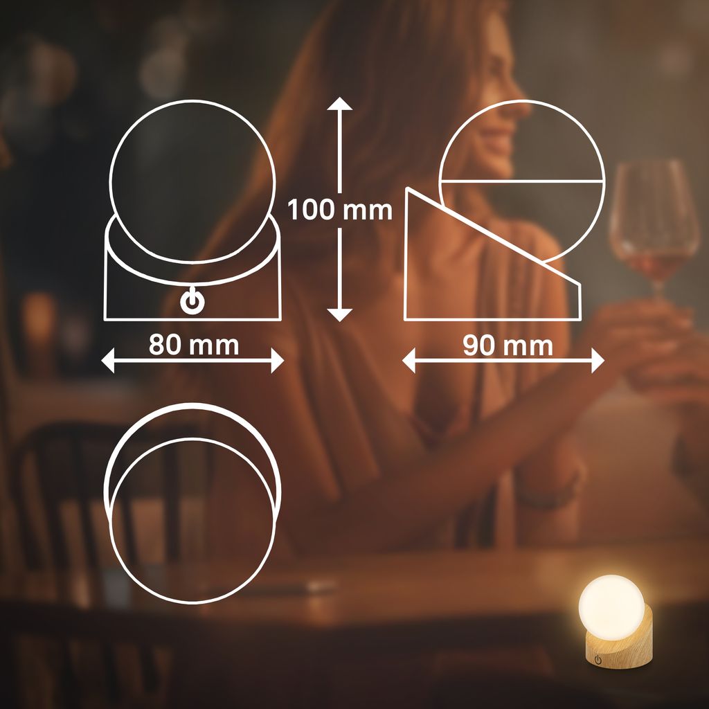 Sora Mini LED Tischlampe kabellos IP54, Dimmbar, Touch, 2er Set, Holzoptik