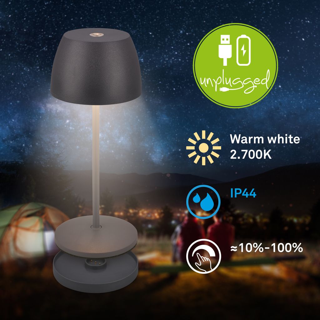 Briloner Serina Mini LED Tischlampe kabellos IP44, Dimmbar, Ladestation, Anthrazit