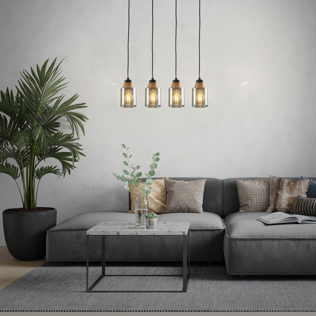 Pendant light. with wood. smoked glass. 4xE27/max. 4