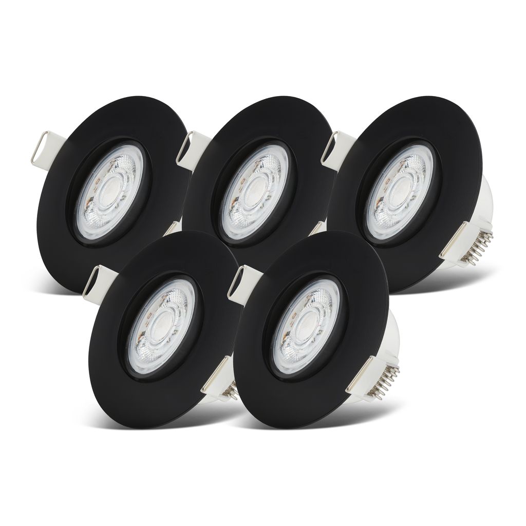 B.K.Licht - Set of 5 LED recessed spotlights 230V, swivel LED spotlight for bathroom IP65, ceiling spotlights infinitely dimmable, LED spots, ceiling spots, bathroom lamp, black, 90x42 mm (DxH)