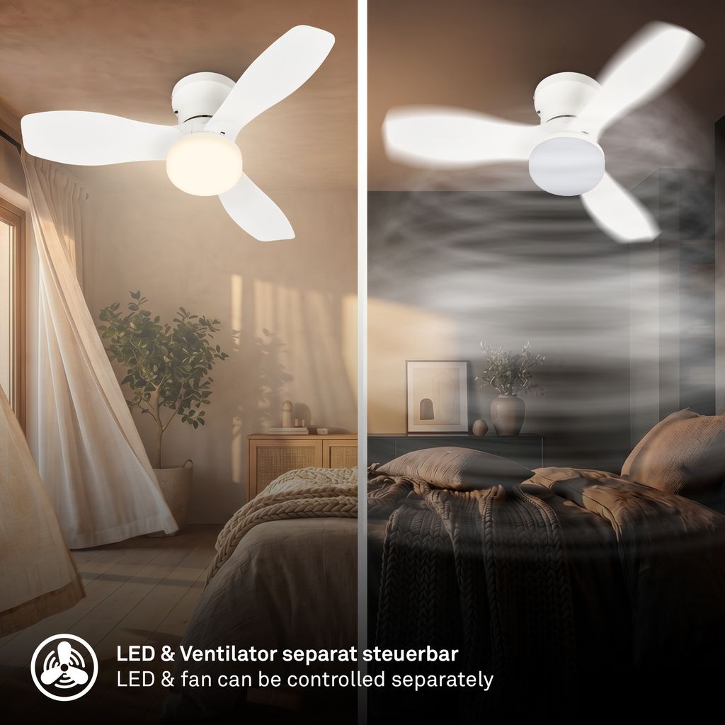 Pan Deckenventilator mit Beleuchtung - 15W, 1700lm, 3 Geschwindkeiten, CCT, Dimmbar, Weiß