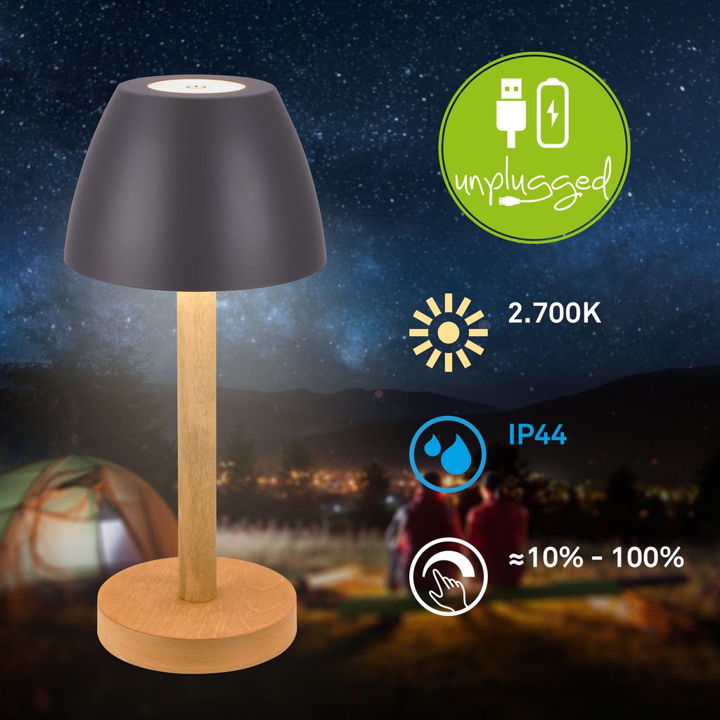 Serina Wood Rechargeable Table Lamp - 2.5W, 200lm, Cordless, LED, Touch, Dimmable, Anthracite-Wood