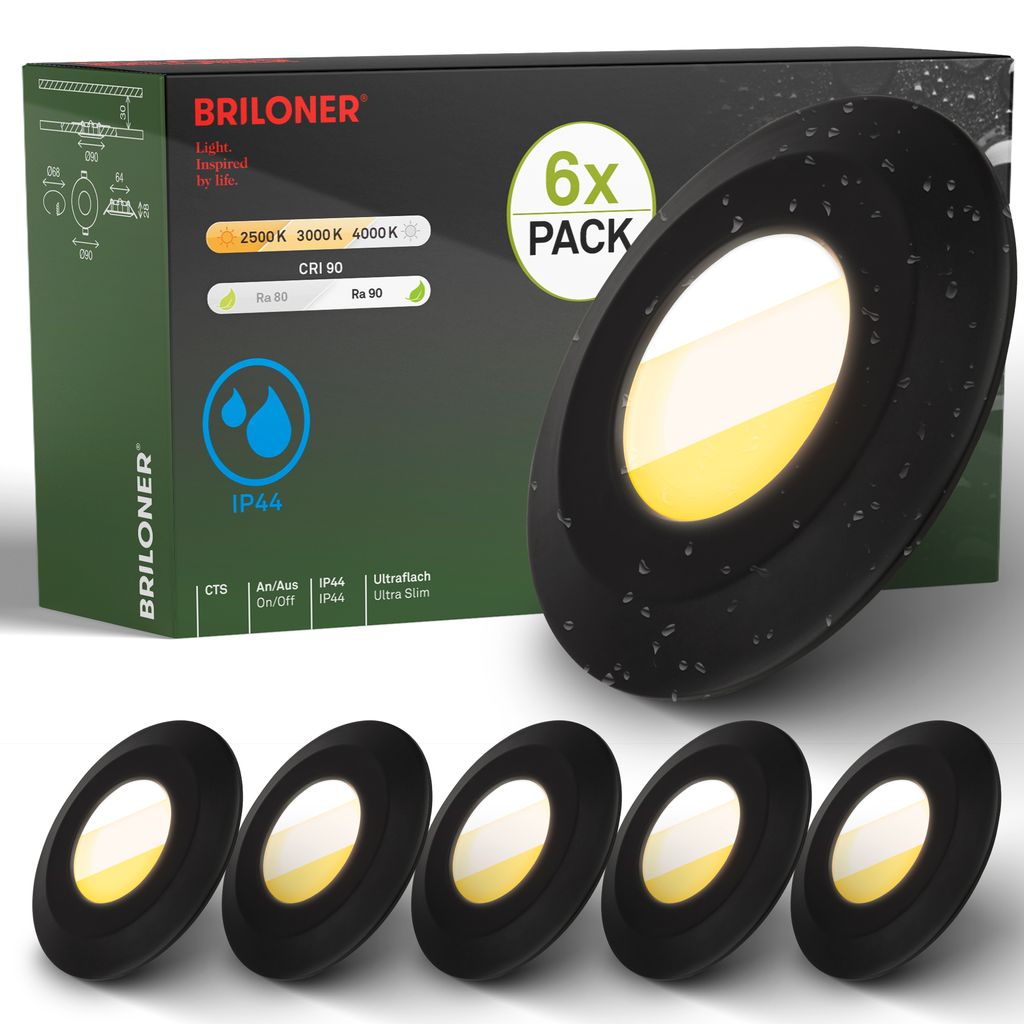 Briloner Klira Set de 6 spots encastrables pour salle de bain 230V, interrupteur CTS, IP44, noir