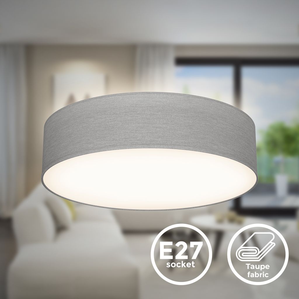 B.K.Licht Ceiling Lamp Shade, Ø38cm/15in, Grey-Brown Fabric, 2xE27 sockets, Bulbs not Included, Flush Mount Ceiling Fitting, Modern Light Fitting for Bedroom, Living Room, Dining Area, IP20