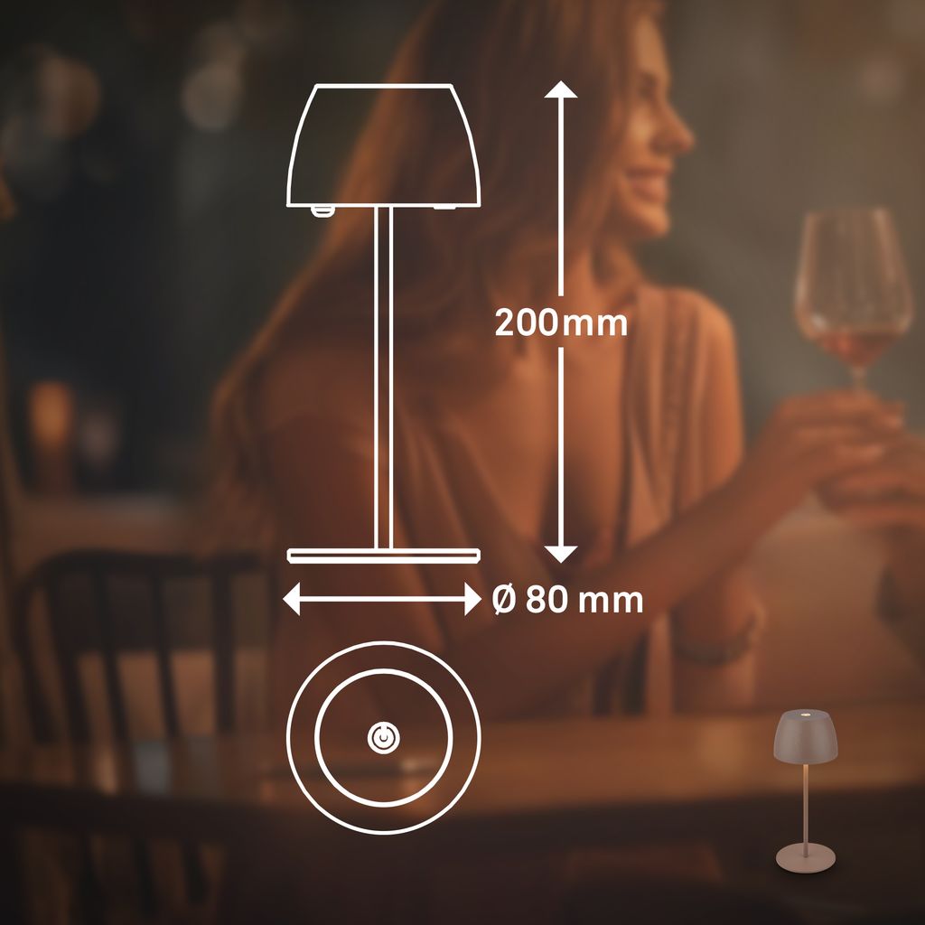 Briloner Serina Mini LED Tischlampe kabellos IP44. Dimmbar. Touch. Spritzwasserschutz. akku. Umbrasand. Ø8 x 20 cm 10
