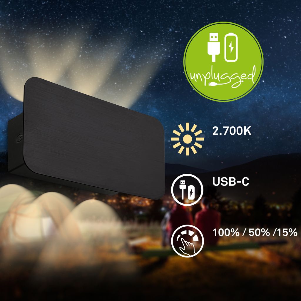 LED Akku-Wandleuchte 17x9 cm ? kabellos, dimmbar, Up-& Downlight, Touch, Schwarz