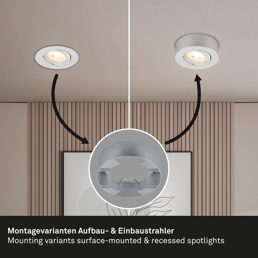 LED Einbaustrahler & Aufbauspot Ø90 mm, Dimmbar, 5W, 230V, Warmweiß, schwenkbar, Chrom-Matt