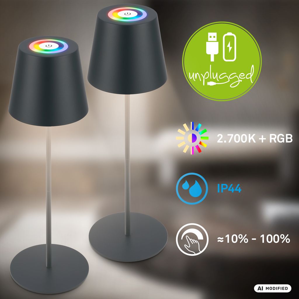 Briloner Calida 3 in 1 RGBW Tischlampe Akku IP44, Dimmbar, Touch, Anthrazit