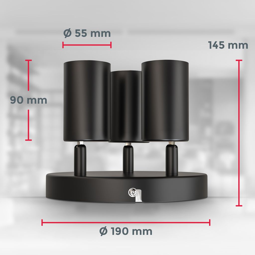 Ceiling Light, 3 Rotatable Spots, GU10 Sockets, Bulbs not Included, Spotlight for Kitchen, Dining Room & Bedroom, Black Metal Lamp, Round, 19cm/7.5in diameter, Swivel Design IP20 230V