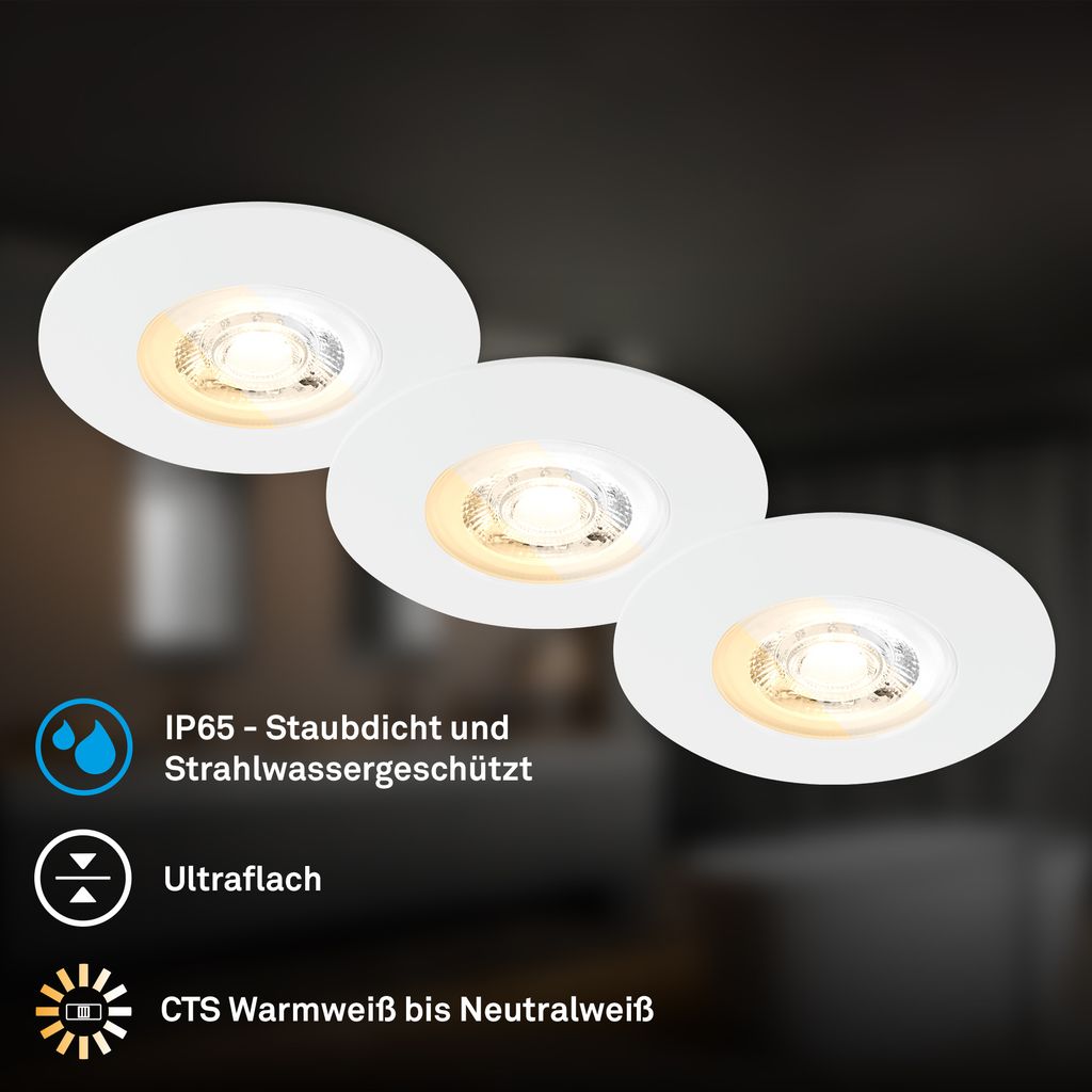 Dimara LED Einbaustrahler 68mm 3er Set - 230V, 4,9W, 460lm, CTS Schalter, IP65, Weiß