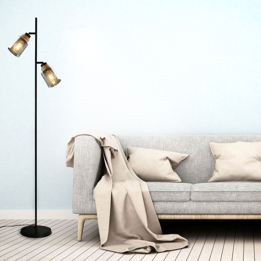 Floor light. with wood. smoked glass. 2xE27/max.10 7