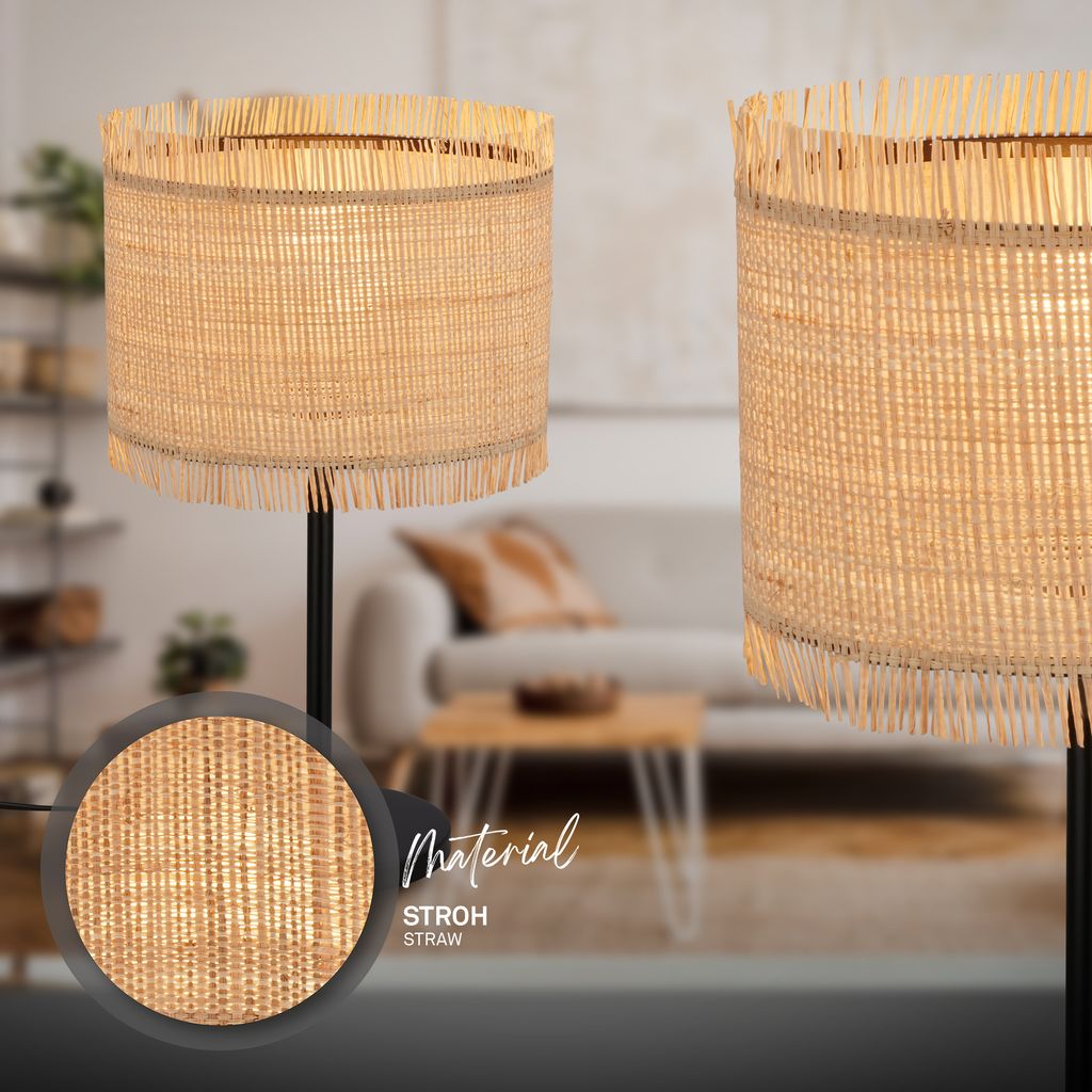 Briloner Borra Tischlampe, Strohschirm, Kabelschalter, Natur