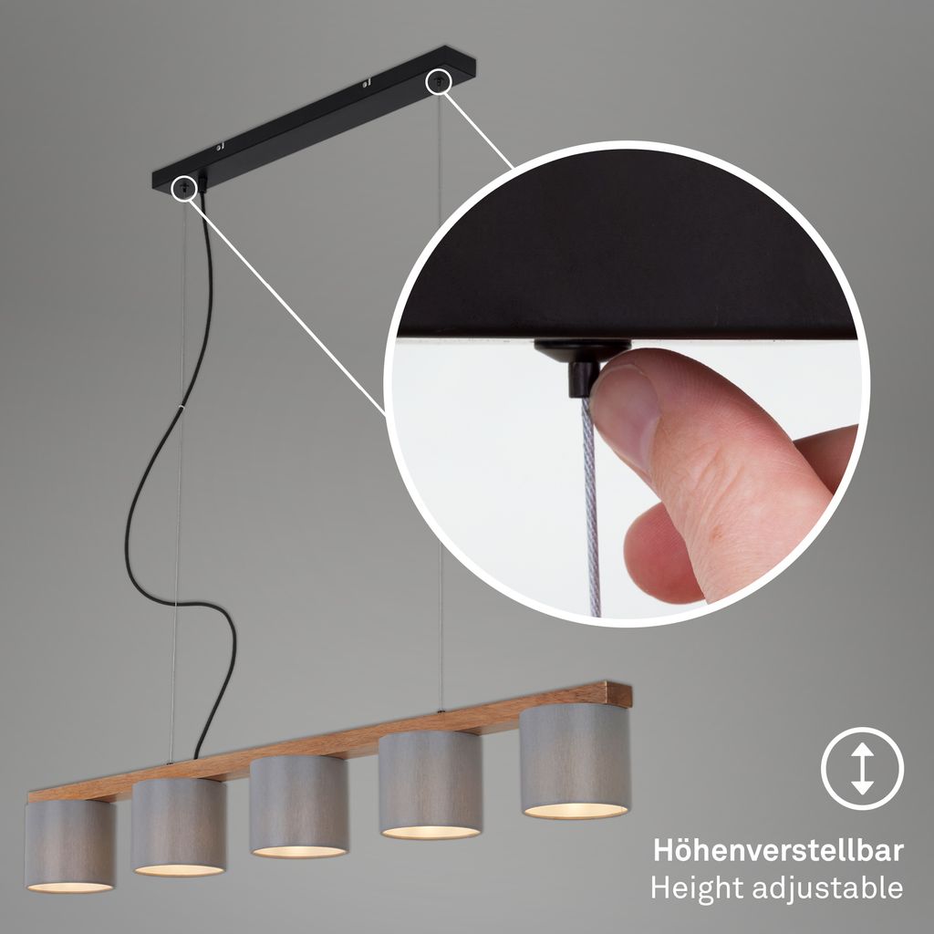 Pendelleuchte Hängelampe 5-flammig E14 max.25Watt Metall-Holz-Grau Briloner 5