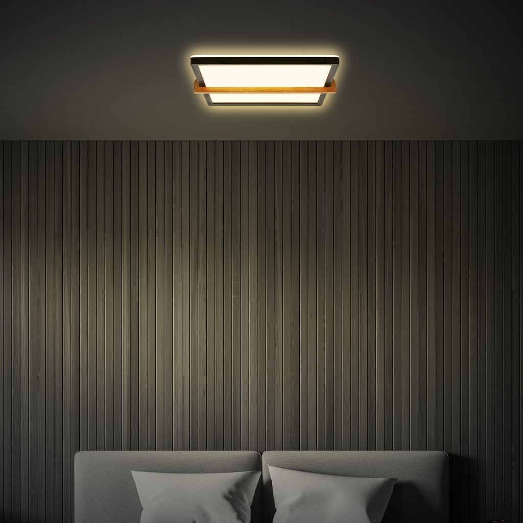 Briloner Remsa LED Plafonnier, décor bois, rétro-éclairage, bois noir