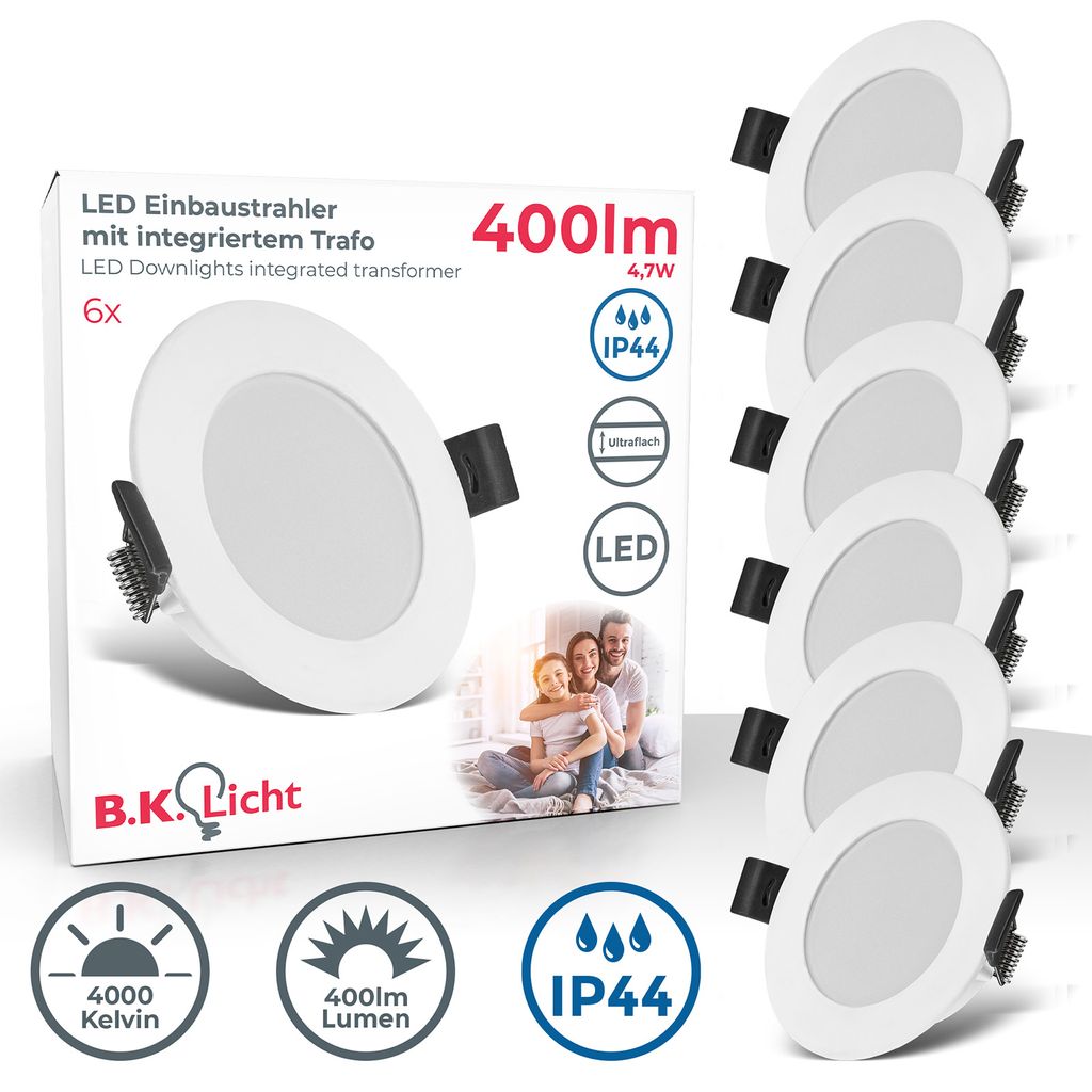 B.K.Licht - Set of 6 LED rescessed spotlights 230V, LED spotlight for bathroom splash water protection IP44, neutral white light, ceiling spotlights, LED spots, ceiling spots flat, 85x25mm (DxH), white