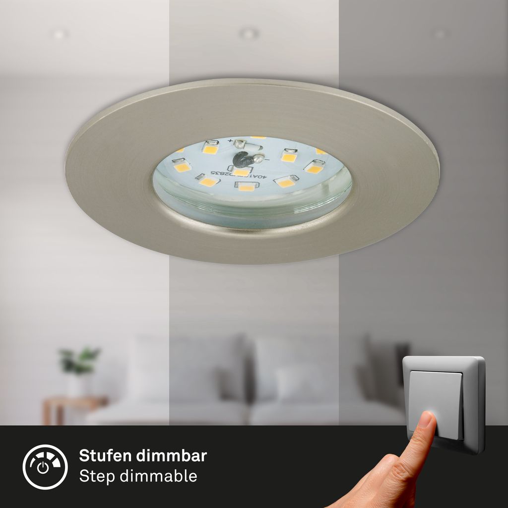 LED downlights 3er-set 3-flames I plastic / satin-nickel I incl. 3 x LED-module 6,3W 460lm 3.000K I lifetime 20.000 h, Ra>=80 I 3 steps dimmable I fixed I IP44 / protection class II I 75x28mm (DxH) I installation dimension 60mm (D)