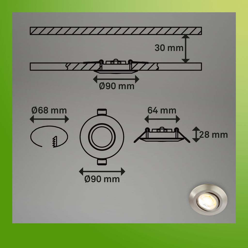 Briloner Klira 3er Set LED Einbaustrahler 230V, Schwenkbar, CTS, Nickel-Matt