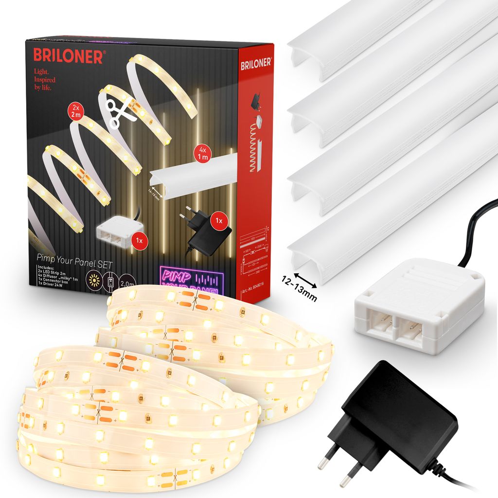 Pimp your Panel Komplettset 4m für Wandpaneele - LED Strip, Diffusoren 12-13 mm, Warmweiß
