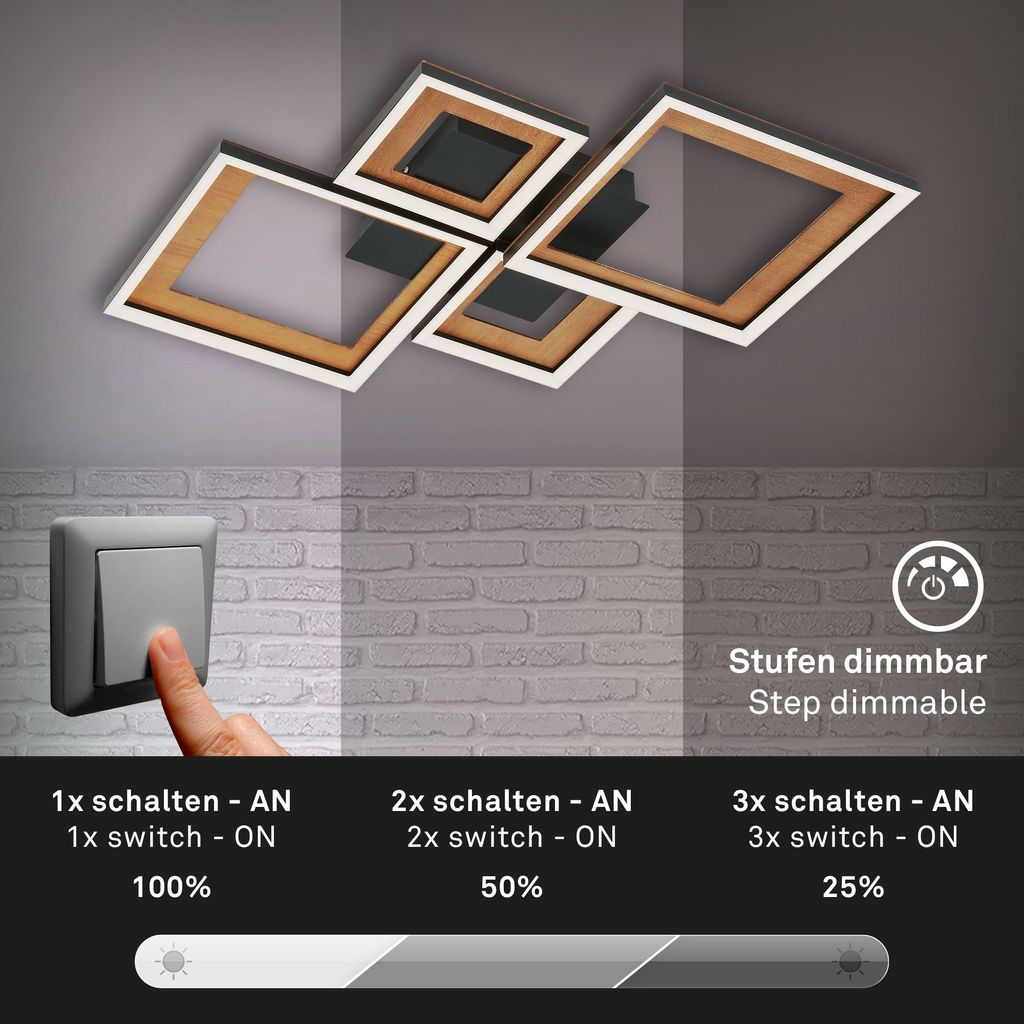 LED Deckenleuchte, 53 cm, LED-Platine, 24 W, 120 lm, schwarz-holz