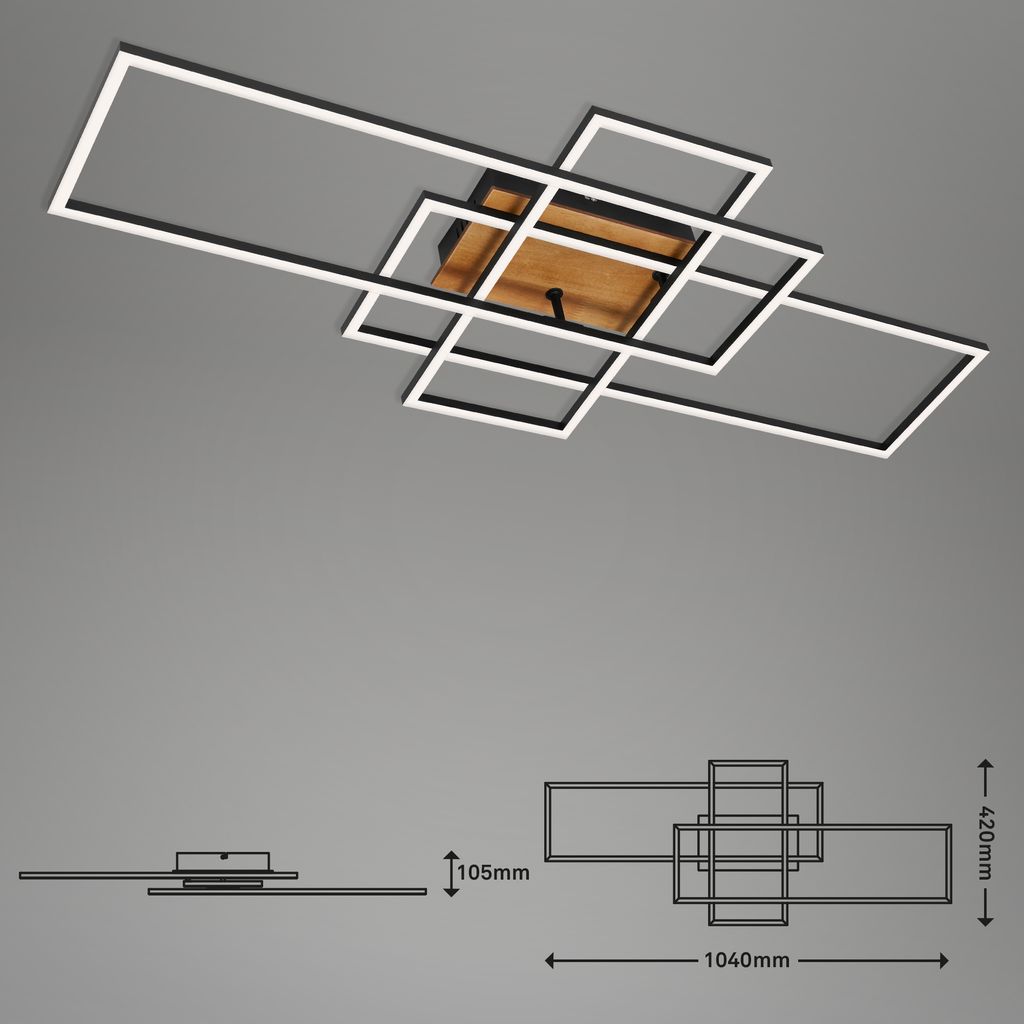 Frame LED ceiling light, dimmable, CCT, remote control, wood-metal colour