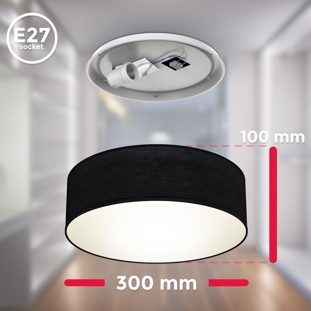 B.K.Licht Ceiling Lamp Shade, Ø11,8in, Black Fabric, E27 Socket, Bulb not Included, Flush Mount Ceiling Fitting, Modern Light Fitting for Bedroom, Living Room, Dining Area, IP20