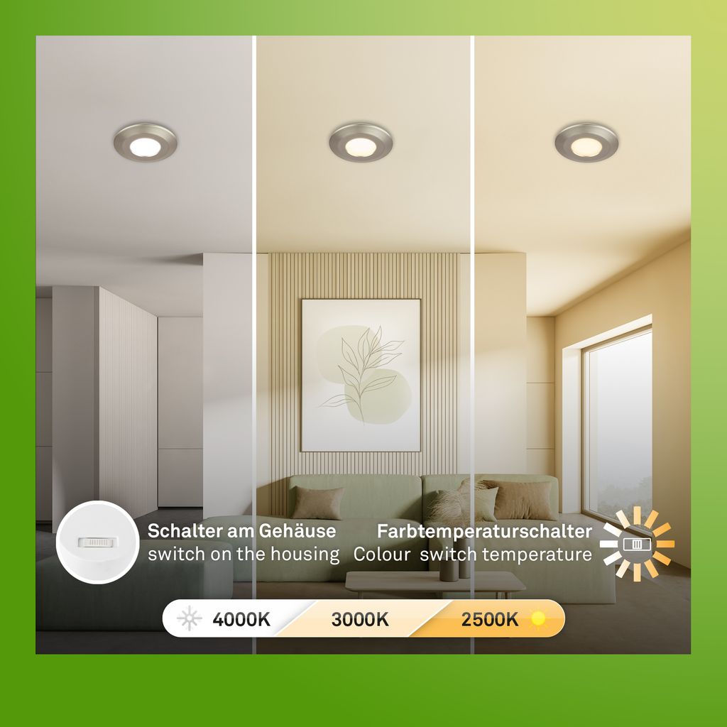 Briloner Klira 3er Set Bad Einbaustrahler 230V, Dimmbar, IP44, Nickel-Matt