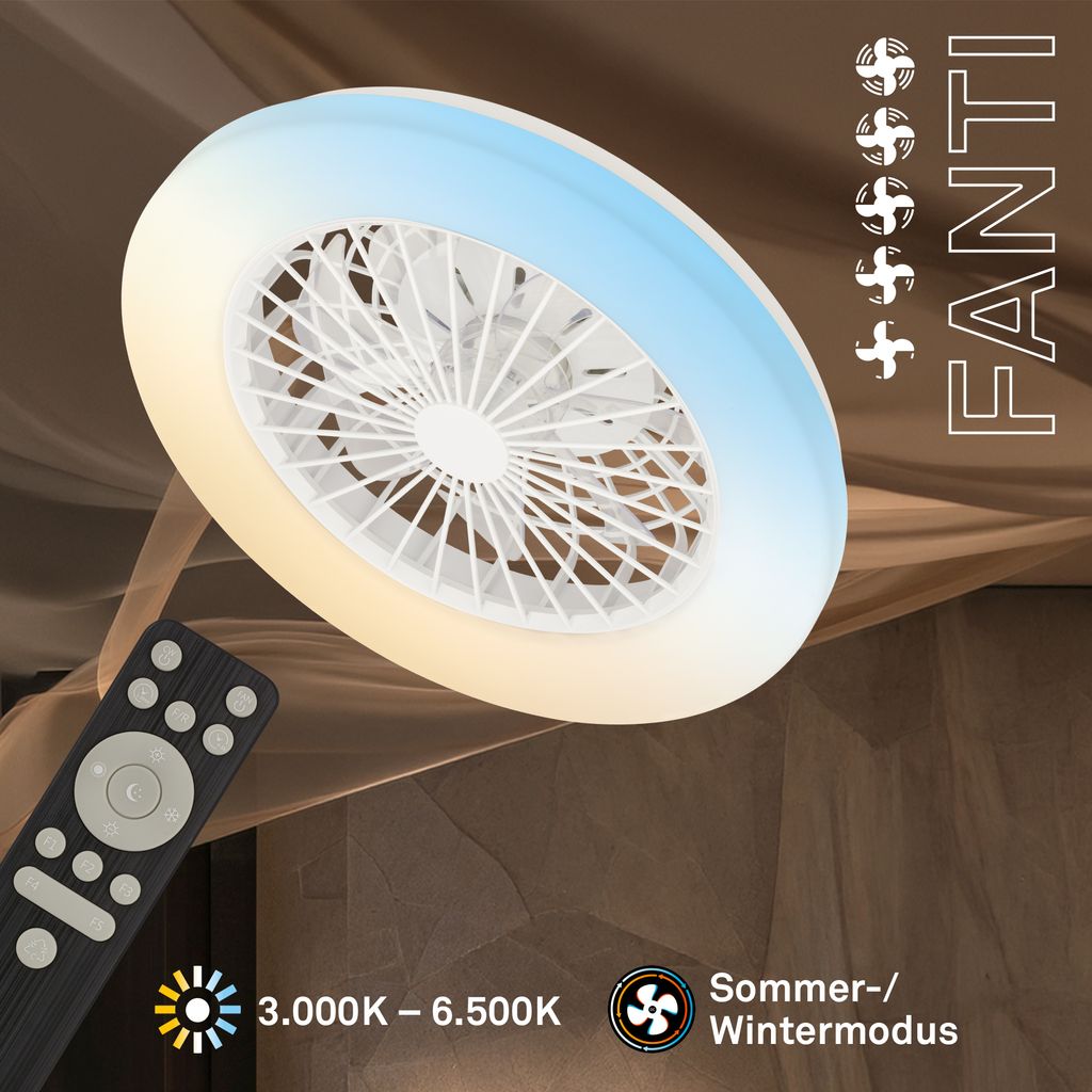 LED Ceiling Fan Light, CCT 3000–6500K, Remote, 5 Speeds, Timer, White