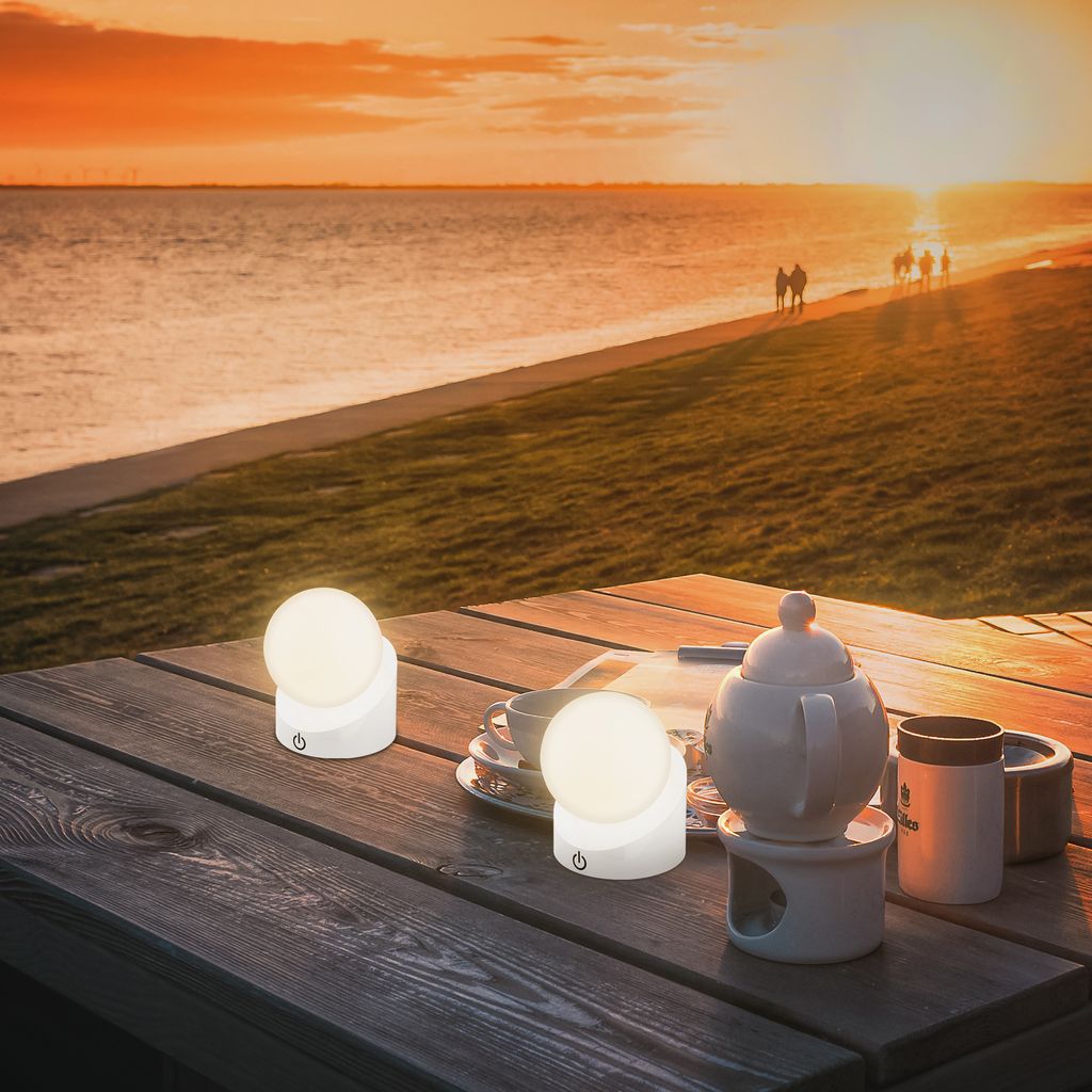 Sora Mini LED Tischlampe kabellos IP54, Dimmbar, Touch, 2er Set, Weiß