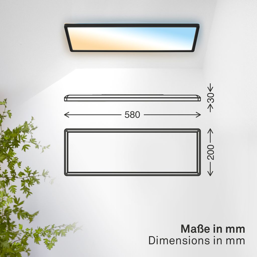 LED Panel 58x20 cm - 22W, 3000lm, Dimmbar, CCT, Fernbedienung, IP44, Schwarz