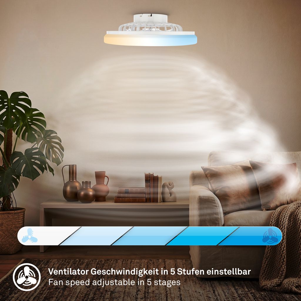 LED Ceiling Fan Light, CCT 3000–6500K, Remote, 5 Speeds, Timer, White