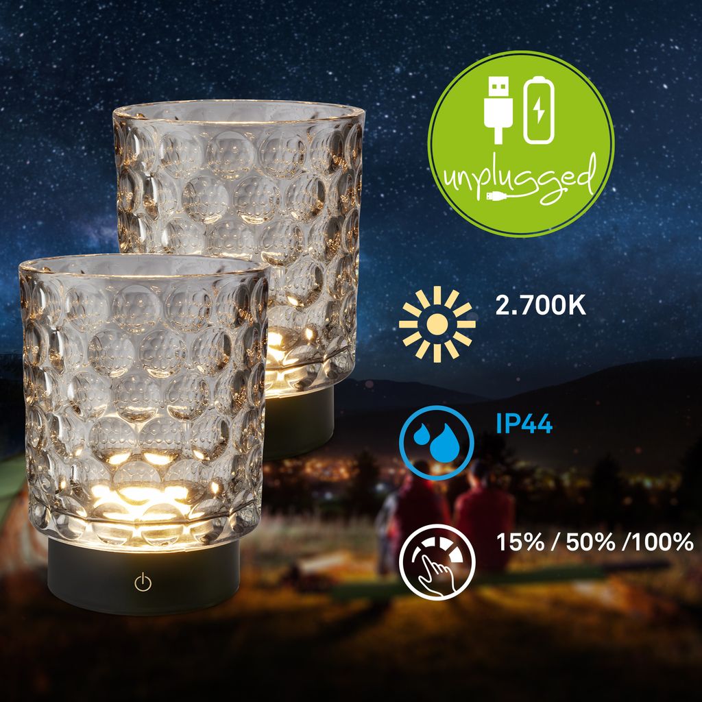 Sunora LED Tischlampe kabellos IP44, Dimmbar, Touch, 2er Set, Grau
