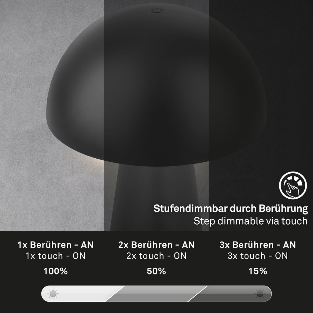 LED Akku-Tischleuchte Tischlampe für innen außen Garten USB IP44 schwarz Pilz 6