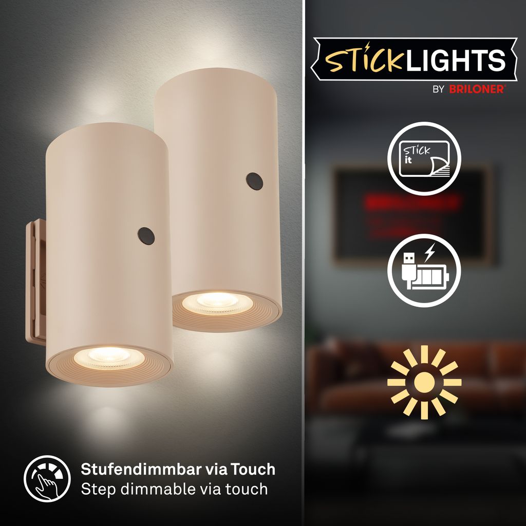 Isy Wandlampe - 2W, 140lm, Akku, LED, Touch, Dimmbar, 2er Set, Beige