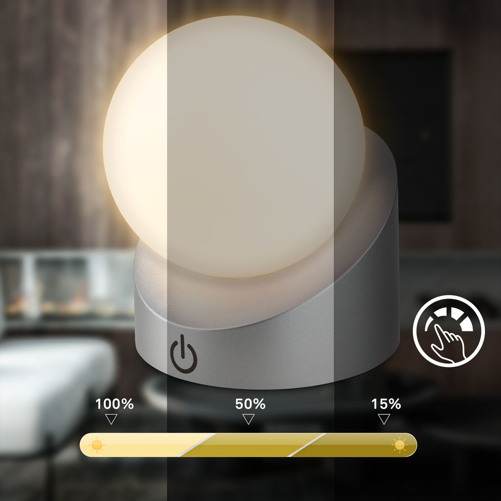 Sora Mini LED Tischlampe kabellos IP54, Dimmbar, Touch, 2er Set, Chrom-Matt