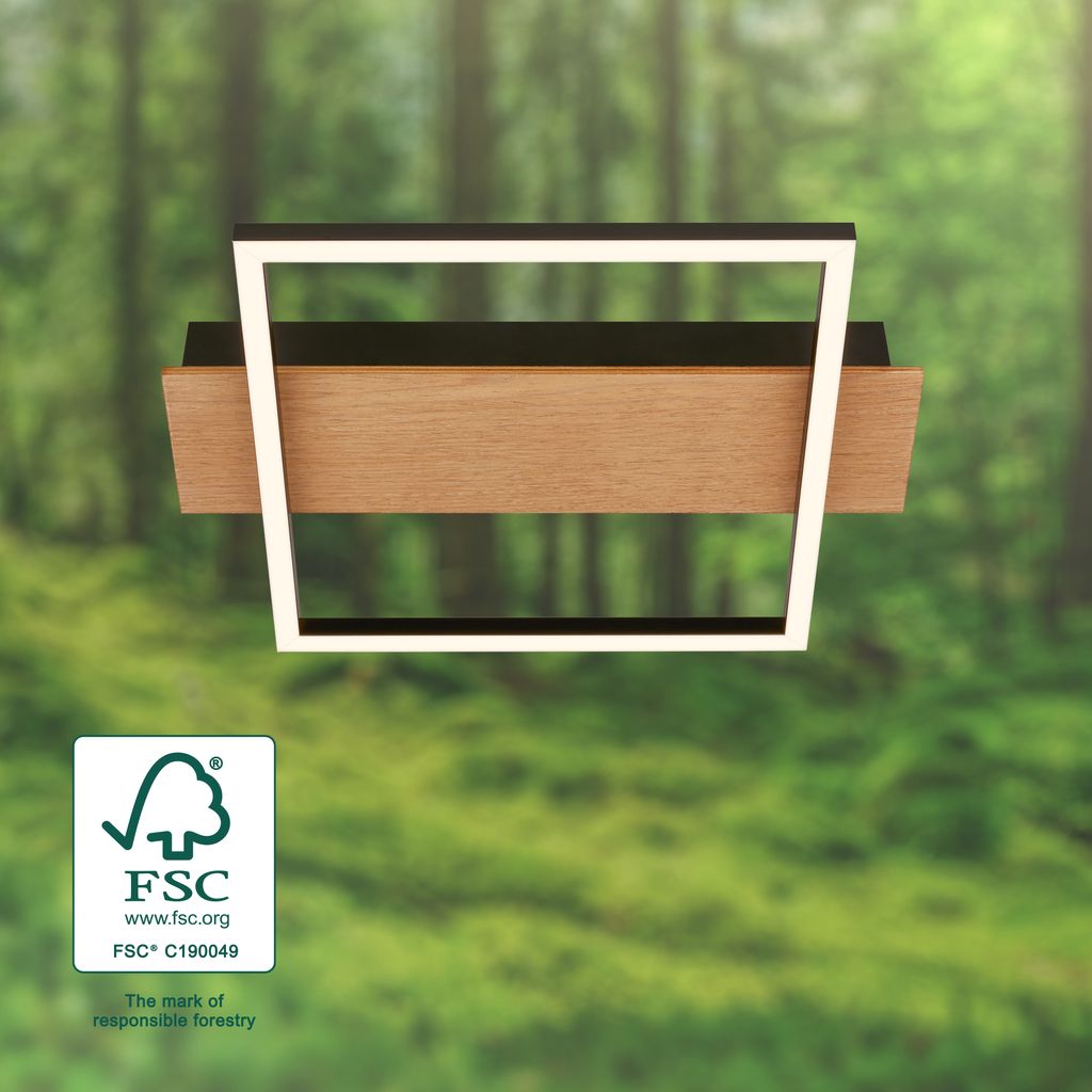 Kada LED Deckenlampe, Holzdekor, warmweißes Licht, Eckig 34x26 cm, Schwarz-Holz