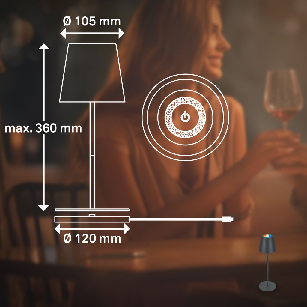 Briloner Cilano RGBW LED Tischlampe kabellos IP44. Dimmbar. Touch. Kabellos. Spritzwasserschutz. Anthrazit. Ø12 x 36 cm 10