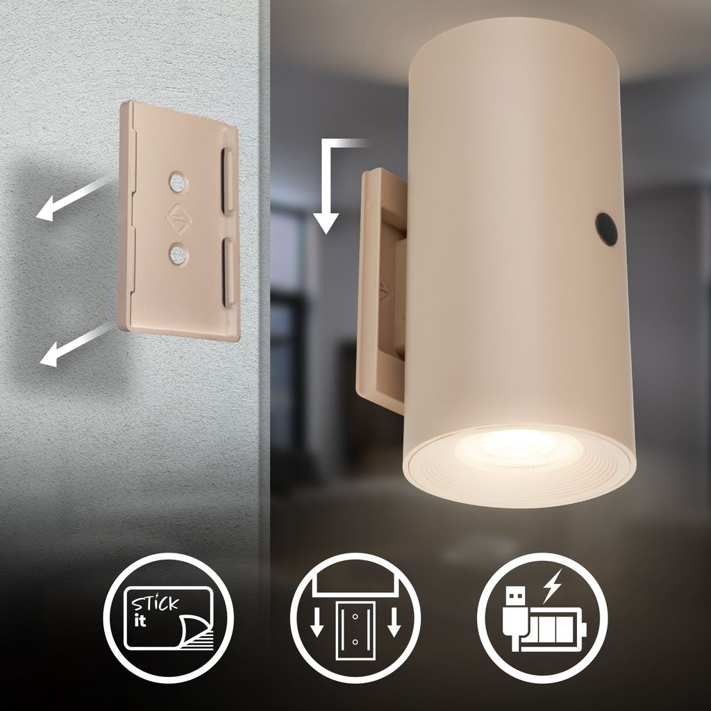 Isy Wandlampe - 2W, 140lm, Akku, LED, Touch, Dimmbar, 2er Set, Beige