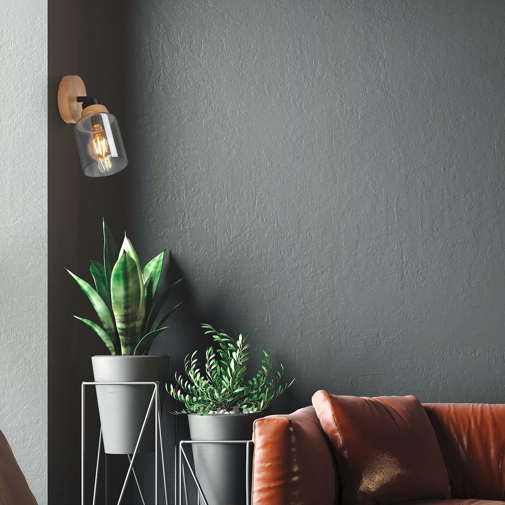 Wall Light E27, Adjustable Smoked Glass & Wood, Metal, Matt Black