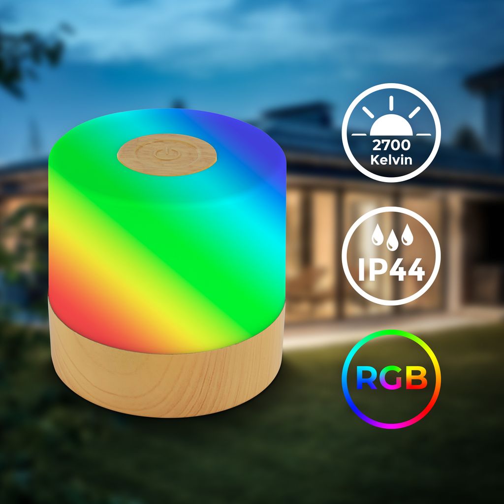 Tischleuchte - 1,5W, 100lm, kabellos, led, touch, RGBW, holzfarbig