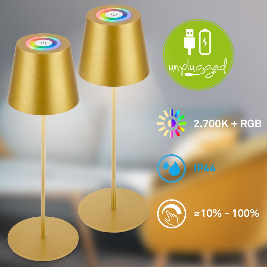Briloner Calida 3 in 1 RGBW LED Tischlampe kabellos IP44, Dimmbar, Touch, Gold