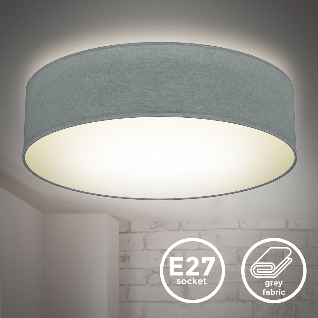 B.K.Licht Ceiling Lamp Shade, Ø38cm/15in, Grey Fabric, 2 E27 sockets, Bulbs not Included, Flush Mount Ceiling Fitting, Modern Light Fitting for Bedroom, Living Room, Dining Area, IP20