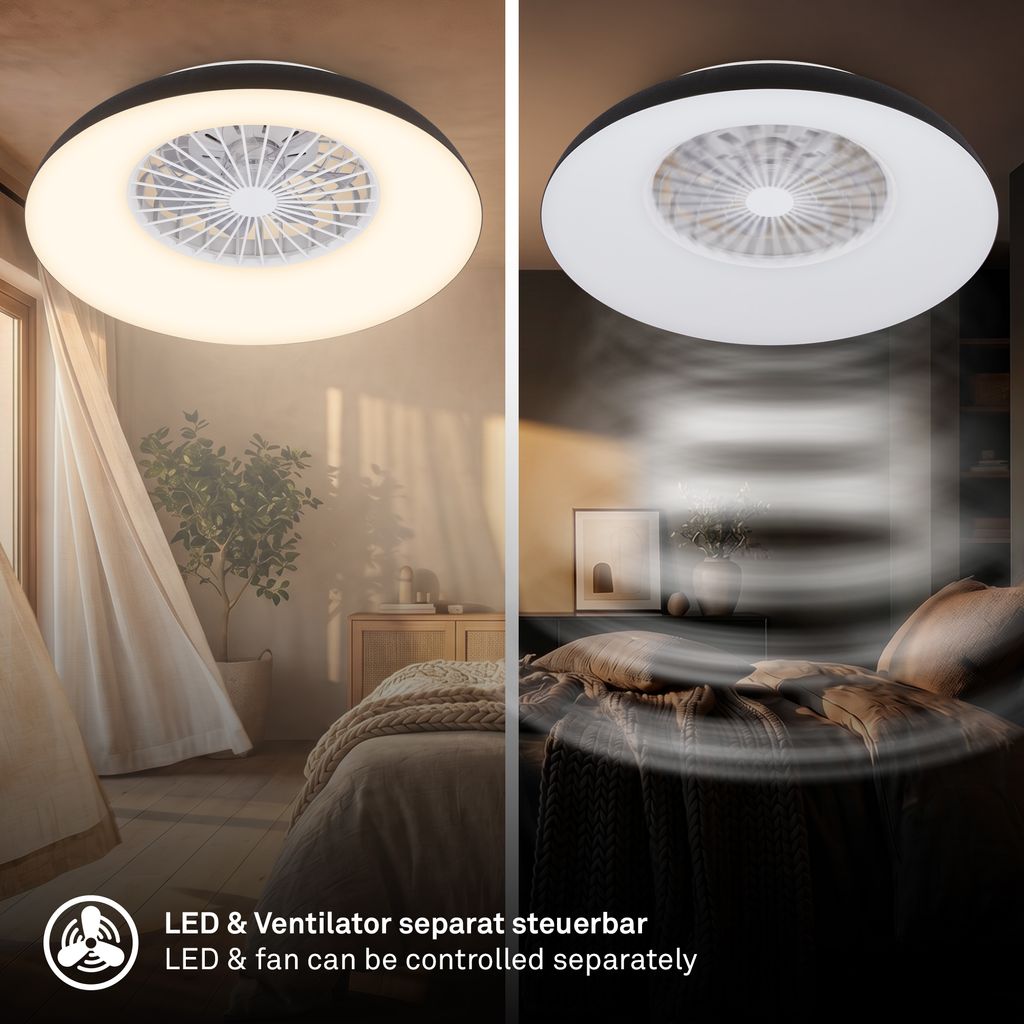 Windora Deckenventilator mit Beleuchtung - 36,5W, 3900lm, 5 Geschwindkeiten, CCT, Dimmbar, Schwarz, Weiß