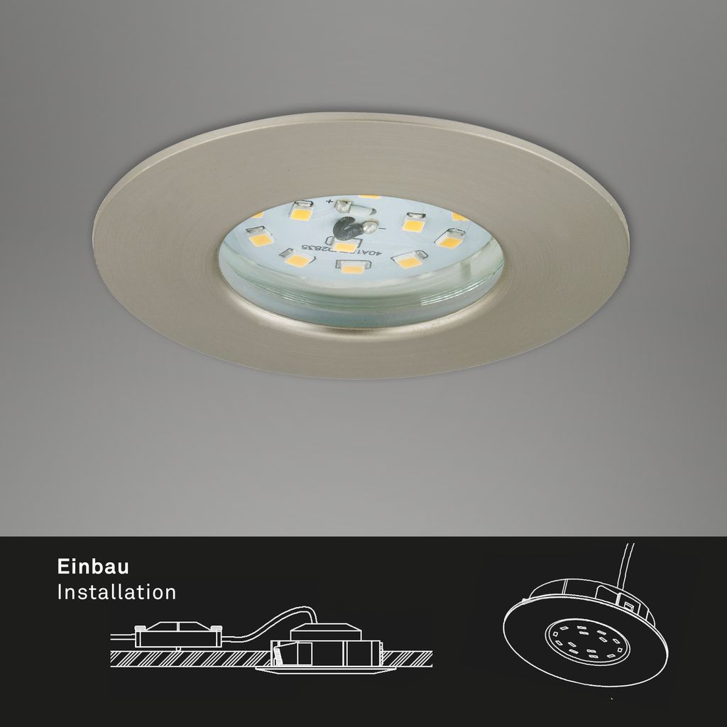 LED downlights 3er-set 3-flames I plastic / satin-nickel I incl. 3 x LED-module 6,3W 460lm 3.000K I lifetime 20.000 h, Ra>=80 I 3 steps dimmable I fixed I IP44 / protection class II I 75x28mm (DxH) I installation dimension 60mm (D)