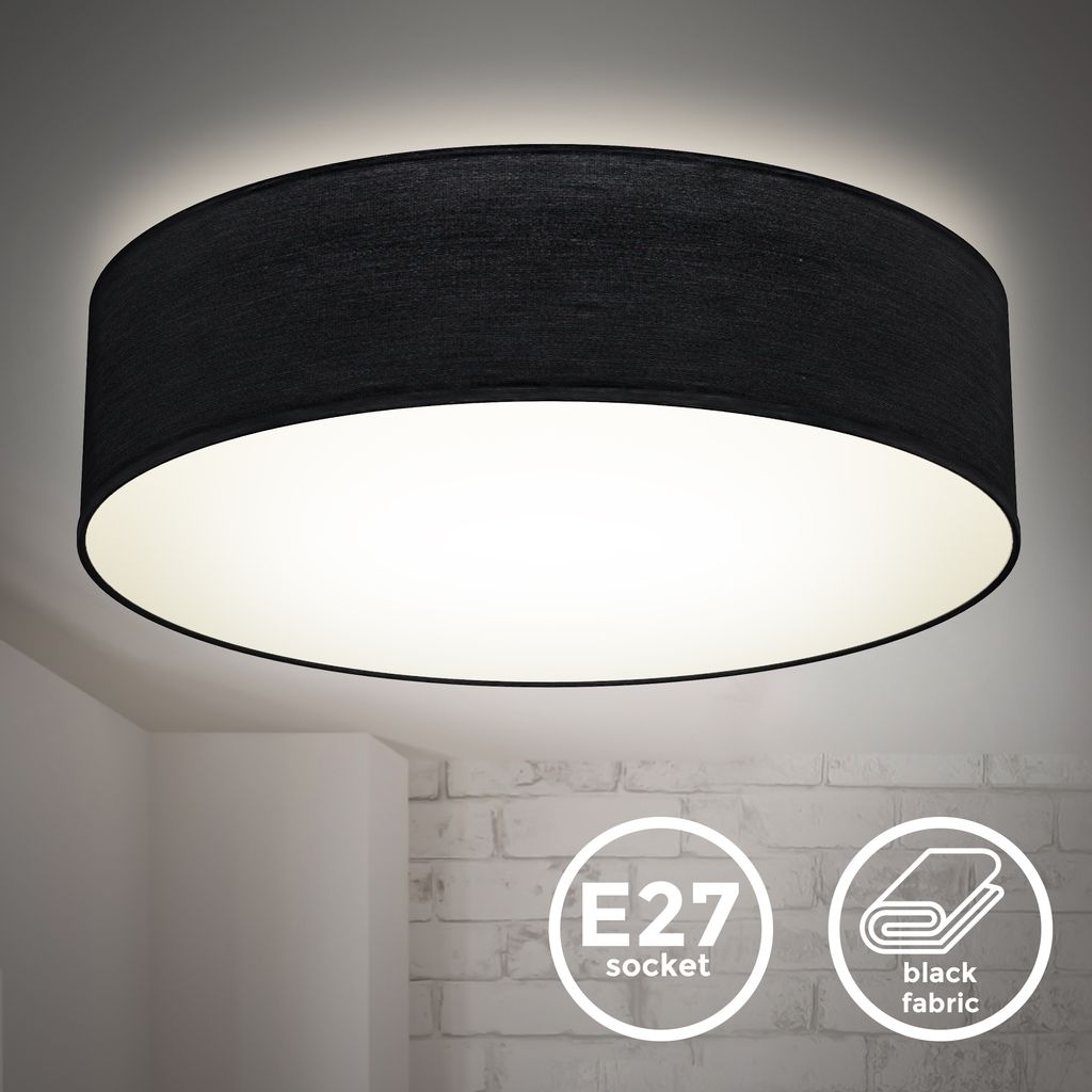 B.K.Licht Ceiling Lamp Shade, Ø38cm/15in, Black Fabric, 2 E27 sockets, Bulbs not Included, Flush Mount Ceiling Fitting, Modern Light Fitting for Bedroom, Living Room, Dining Area, IP20
