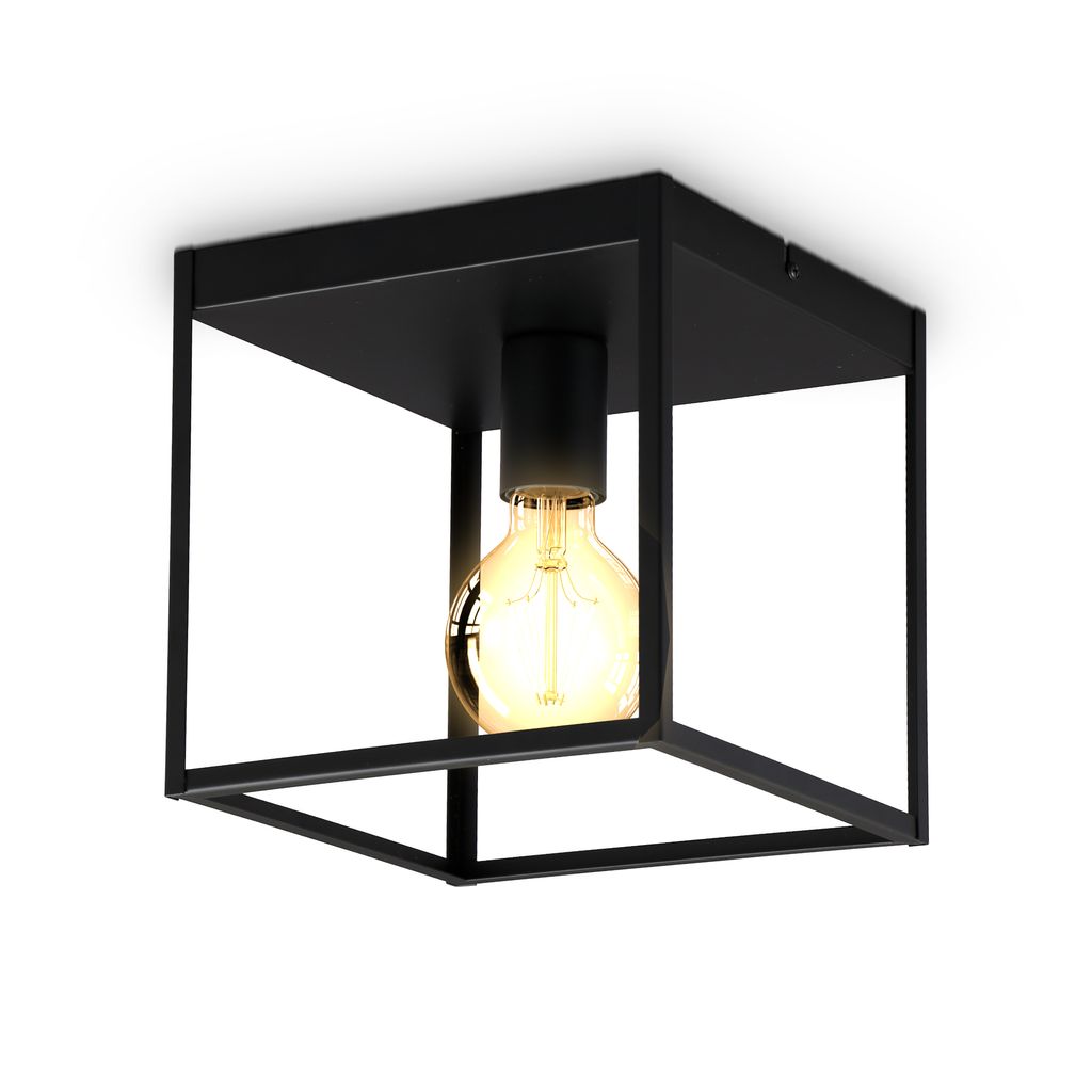 B.K.Licht ceiling light, E27 socket, bulb not included, black metal, cage shape, small cube, side 22cm/8.6in, flush mount ceiling lamp for entrance or hallway